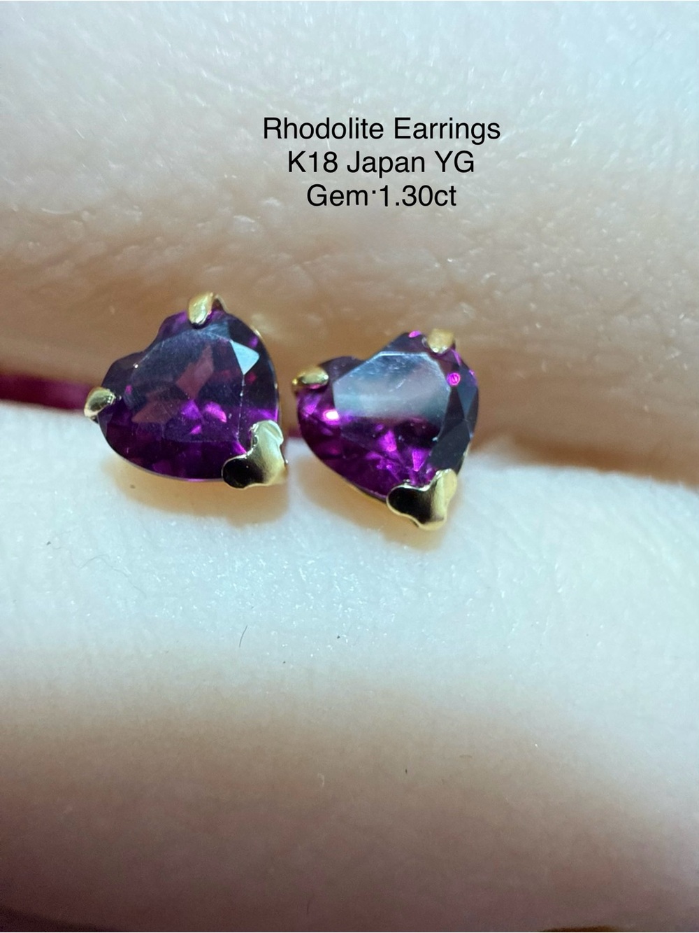 Heart-Shaped Rhodolite Stud Earrings in Purple with Yellow Gold